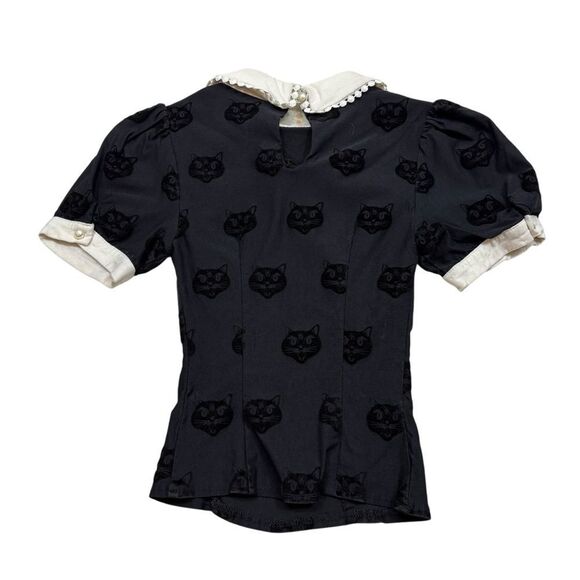 Girl’s Collectif X ModCloth Black Velvet Cat Blouse with White Collar Size 6 - Picture 5 of 8